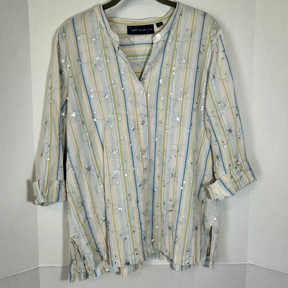 Susan Graver Style Women's Crinkled Cotton Front Button Top XL White/Yellow/Blue - Picture 1 of 10